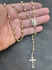 Men's 30" Long Rosary Beads Necklace 14k Gold Over 925 Silver Rosario ITALY 5mm