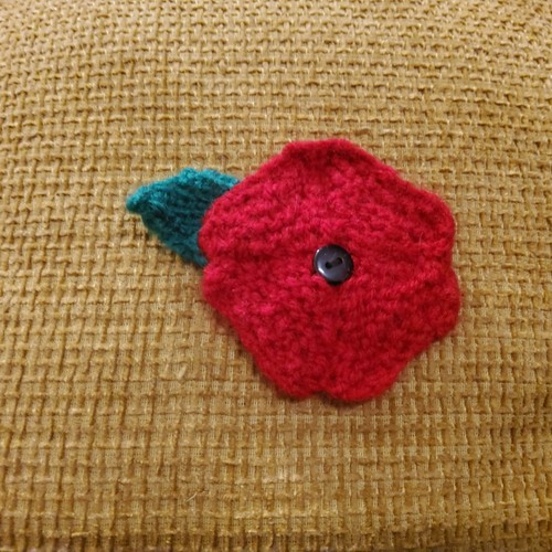 Hand knitted red poppy - red, brooch
