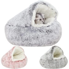 Dog Cat Bed Hooded Kitten Pet Cosy Cave Soft Calming Igloo Cozy Plush Faux Fur~