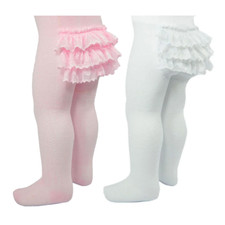 BABY GIRLS FRILLY BUM TIGHTS WHITE PINK RIBBED LACE FRILL PARTY OCCASION TIGHTS