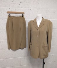 Jaeger 100% Silk 2-Piece Suit Set Jacket Skirt Camel Beige Vintage - UK 8-10