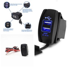 Car Dual Port USB Charger Socket Panel Mount 3.1A Output Jack Switch Blue LED