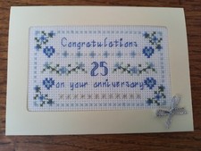 completed cross stitch Card Silver 25th Wedding Anniversary