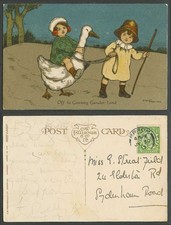 Ethel Parkinson Artist Signed 1913 Old Postcard 2 Girls Girl Riding a Goose Bird