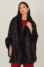 Black Sequin Cape Faux Fur Trim Glamorous