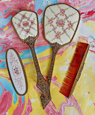 Vintage Regent Of London Filagree Petit Point 4 Piece Vanity Dressing Table Set