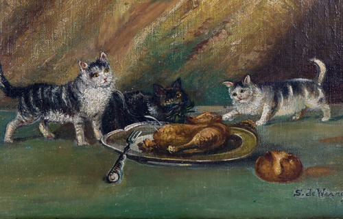 Antique cat oil painting - antique,