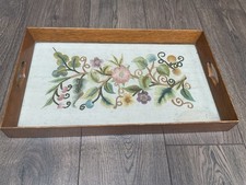 Vintage Embroidered Wooden Tray Heavy  Afternoon Tea Serving Tray