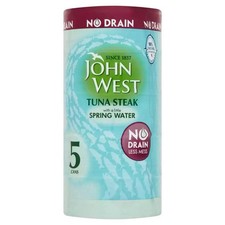 John West Tuna Steak in Spring Water No Drain Less Mess Fish Tin Can Pack 5x110g
