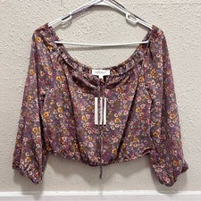Pink Rose Grape Floral Off Shoulder Extreme Crop Blouse Medium NWT