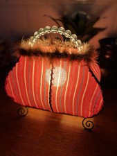 PURSE LAMP Red Striped Print Black And White Feather Trim And Clear Beads Vgc