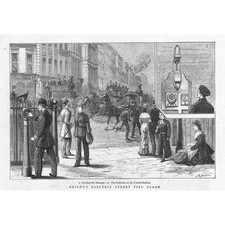 LONDON Bright's Electric Street Fire Alarm - Antique Print 1880