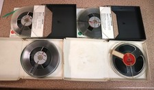 4 x 13cm 5 in reel to reel spools filled with tape UNTESTED with boxes /  cases
