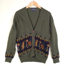 Acorn Mens Cardigan Medium Olive Green Pure Wool Mouse & Mushroom