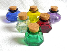 Vintage Boxed Set of 6 Small Coloured Glass Herb Jars Round / Hexagonal