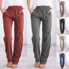 Women Solid Cotton Linen Trousers Long Pants Ladies Elastic Waist Pocket Bottoms