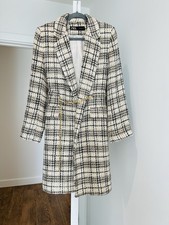 Zara Women's Tweed Coat Blazer Size M Black White Golden With Chain