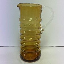 1960s Tall Ribbed Amber Glass Jug With a Clear Glass Handle - 24cm Tall