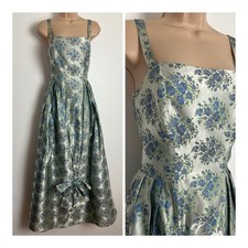 Vintage 1950s Silver Blue & Green Floral Satin Jacquard Bow Evening Maxi Dress 6
