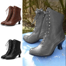 Women Low Kitten Heel Ankle Boots Ladies Victorian Retro Lace Up Shoes Size 3-9