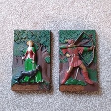 Vintage Marcus Design ? Robinhood & Maid Marion Chalk/Plaster Plaques 5x8 Inches