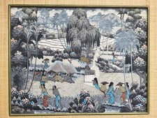 KT Suweta Balinese Sayan Ubud Bali Tempura Painting With Bamboo Style Frame 