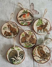 £3.99 EACH Woodland christmas tree decorations/wood slice/handmade/fox/deer/owl