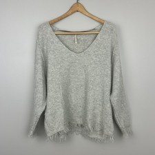 FREE PEOPLE Womens XS Gray V Neck Frayed Hem Boho Hippie Knit Sweater 22x23