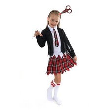 GIRLS ZOMBIE HALLOWEEN SCHOOL GIRL + SCISSORS HEADBAND FANCY DRESS COSTUME