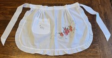 Vintage White Half Apron Pinny Embroidered Cotton Mix With Pocket one size