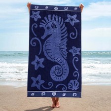 Sea Horse Nautical Lightweight Oversized Cotton Quick Drying Pool Beach Towel