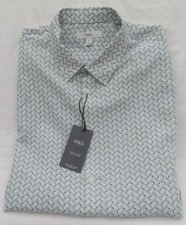 MENS MARKS & SPENCER ECRU & BLUE PATTERNED SOFT TOUCH SHORT SLEEVE SHIRT SIZE XL