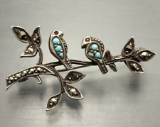 Antique Belle Epoque C.1920 Sterling Silver turquoise Marcasite Bird Brooch