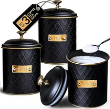  Tea Coffee Sugar Canisters – Elegant Matte Black & Gold Labelled Set 1L