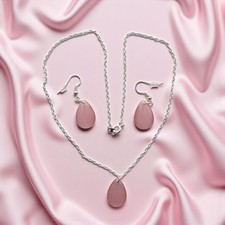 Catseye ROSE PINK Teardrop Gemstone Necklace Chain Earrings Jewellery Gift Set
