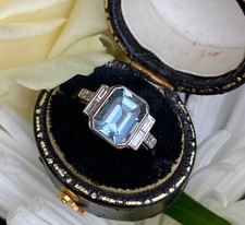 Art Deco Aquamarine and Diamond Platinum Ring 0.30ct + 2.20ct