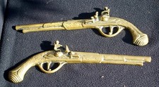 Pair of Vintage Large Brass Flint Lock Pistol Wall Plaques Mid Century England