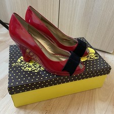 Poetic Licence Red Open Toe Wedge Heel Shoe Velvet Bow Retro UK Size 4