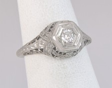 Antique 18K White Gold .14ct Diamond Art Deco Solitaire Engagement Ring Size 5