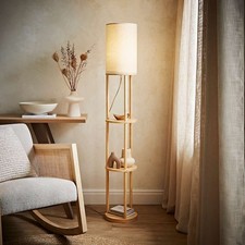 3 Tier Floor Lamp Wooden Shelf Living Room Light Cylinder Lampshade LED Bulb