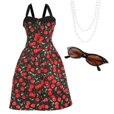 LADIES 1950'S STYLE ROCK AND ROLL CHERRY DRESS FANCY DRESS COSTUME + ACCESSORIES