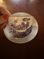 Rare 18th Century 1751 Puce Printed First Period Worcester Teabowl And Saucer