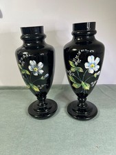 Pair of vintage opaline black glass vases with painted flowers. VGC.