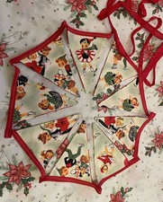 Vintage Style Christmas Holiday Bunting 6”x4inch 9 Triangles 46” + 40 Inch Ties
