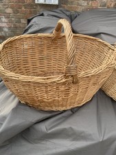 Two Vintage Handwoven Willow Baskets,braided rims,pegged handles 19”x13” 16x10”