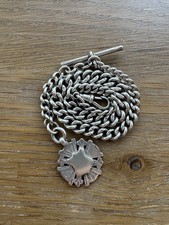 Antique Solid Silver Pocket Watch Chain & Fob – Hallmarked, 53.7g, 15.5”