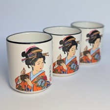 3 X cups Japanese Geisha Kimono Porcelain Tea Cups 10 oz  tea ceremony Oriental 