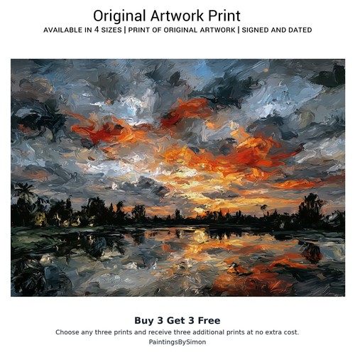 Dramatic sunset lake print - sunset,
