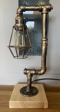 Industrial Style Steampunk Table Lamp Pipe Caged Bulb Solid Wood Base