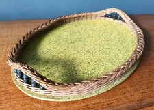 Vintage 1950s Oval Woven Wicker Sided Tray Atomic Yellow & Black Pollock Style 